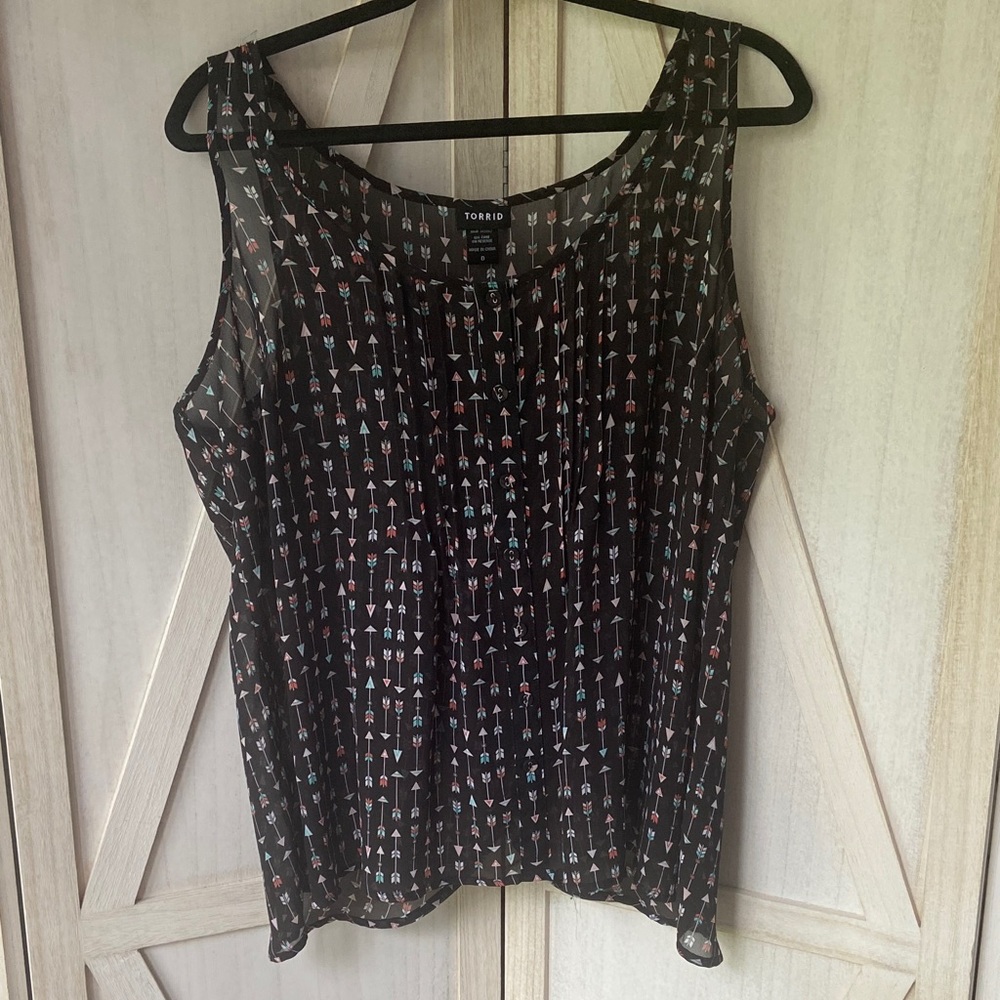 Torrid Sheer Black Top with Colorful Arrow Pattern, Tulip Back, Size 0 (12)